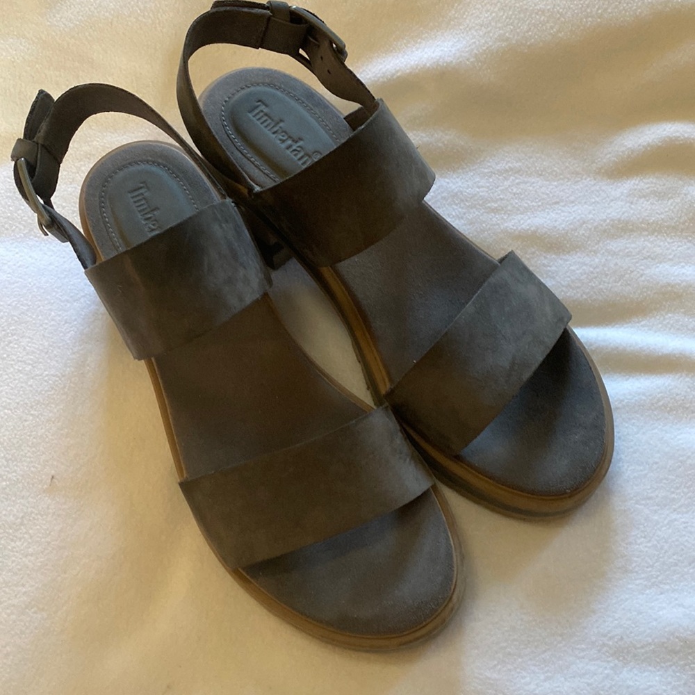 Timberland gray suede sandals with block heel, size 9.
